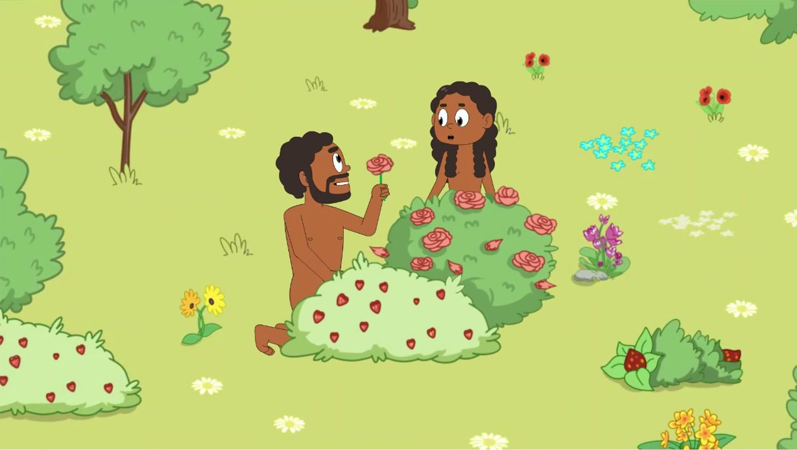 Adam offering Eve a rose in the garden of Eden